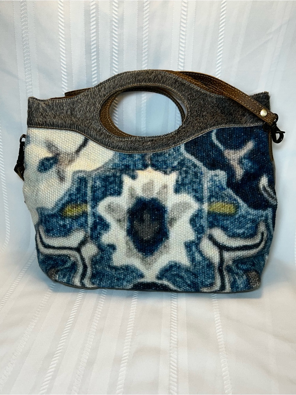 Myra Bag Leather Cowhide Crossbody Handbag Western Purse Geometric Blue White